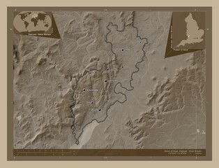 Forest of Dean, England - Great Britain. Sepia. Labelled points of cities