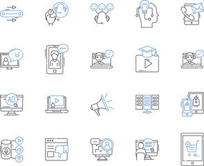 Audio devices outline icons collection. Speakers, Microphones, Amplifiers, Turntables, Headphones, Subwoofers, Recorders vector and illustration concept set. Mixers, Dock, Players linear signs