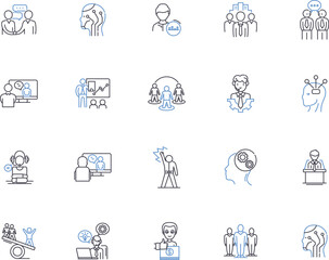 Fototapeta premium Broker outline icons collection. Broker, Negotiator, Facilitator, Intermediary, Mediator, Arbitrator, Counselor vector and illustration concept set. Agent, Trader, Facilitator linear signs
