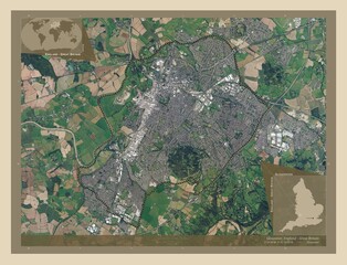 Gloucester, England - Great Britain. High-res satellite. Labelled points of cities