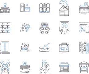 Houses and accomodation outline icons collection. Home, Accommodation, Residence, Abode, Lodging, Domicile, Dwelling vector and illustration concept set. Villa, Cottage, Mansion linear signs