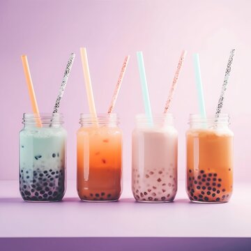 Four glasses of milk and fruit bubba tea drinks with straws