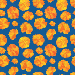 marigold flower yellow on blue seamless pattern