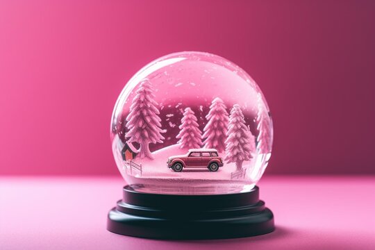 Light trails moving around snow globe against pink background. Generative AI