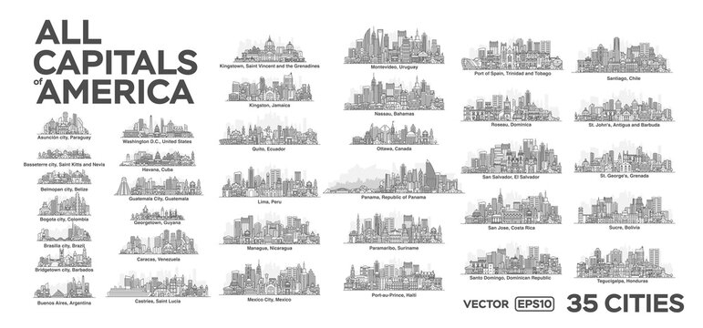 Discover the America with this striking linear-style illustration, featuring all the capitals. The clean lines make it perfect for a variety of projects.