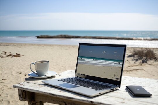 Working outdoors with a stunning ocean view while using an open laptop with a blank screen. Laptop with a background of the sea. Generative AI