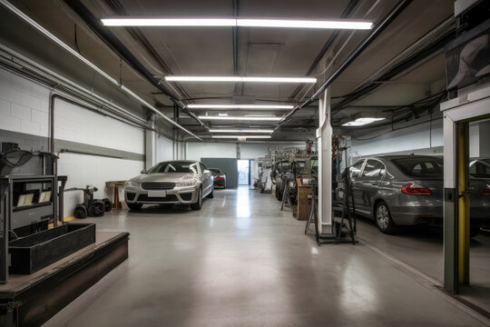 Interior of a car service garage, with no people, high quality generative ai