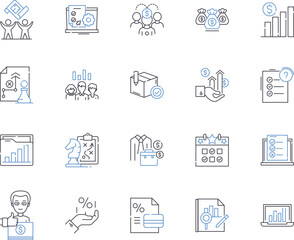Market analysis outline icons collection. Market, Analysis, Research, Study, Trends, Strategy, Data vector and illustration concept set. Competition, Products, Segmentation linear signs