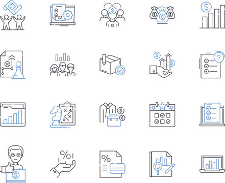 Market analysis outline icons collection. Market, Analysis, Research, Study, Trends, Strategy, Data vector and illustration concept set. Competition, Products, Segmentation linear signs
