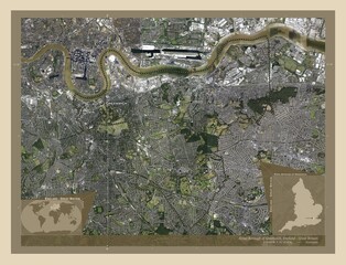Royal Borough of Greenwich, England - Great Britain. High-res satellite. Labelled points of cities