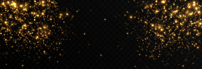 Vector gold sparkles on an isolated transparent background. Atomization of golden dust particles png. Glowing particles png. Gold dust. Light effect.