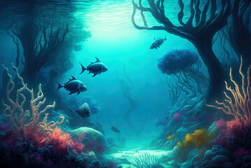 Fototapeta na wymiar Underwater river or seascape with tree roots, tropical fish, and algae. Generative AI illustration.