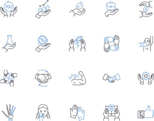 Hand gesture outline icons collection. gesticulating, waving, pointing, beckoning, signaling, clapping, shaking vector and illustration concept set. saluting, clasping, jabbing linear signs