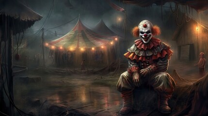 Horror clown and creapy funfair or circus. Generative AI
