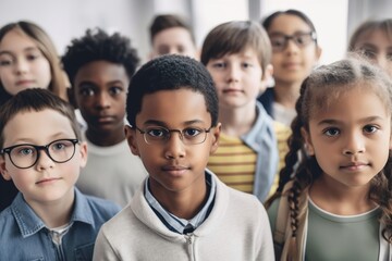 Obraz premium child girl school group portrait student boy education happy elementary pupil friend kid classroom, created using generative AI technology