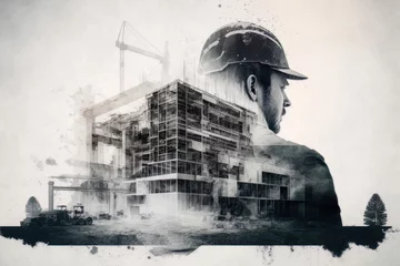 Poster Civil engineer and construction work, double exposure effect. Generative Ai © raquel