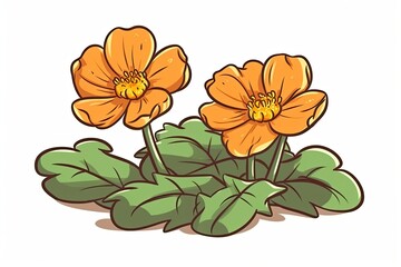 three vibrant orange flowers with lush green leaves on a clean white background. Generative AI