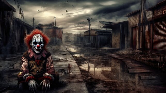 Horror clown and creapy funfair or circus. Generative AI
