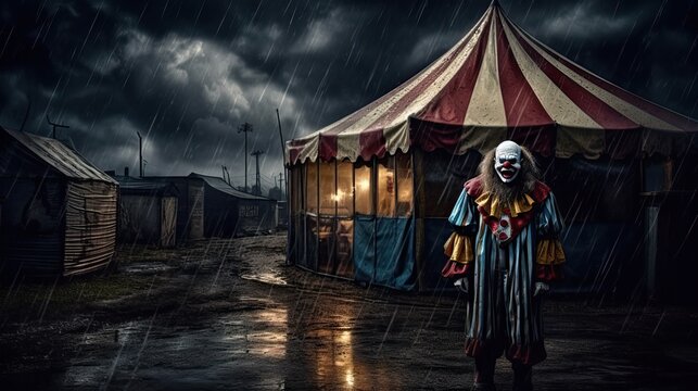 Horror clown and creapy funfair or circus. Generative AI
