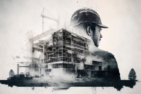Civil engineer and construction work, double exposure effect. Generative Ai
