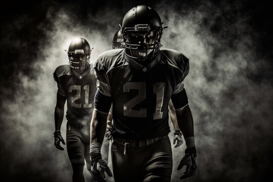 American football players team on dark smoky background. Generative Ai