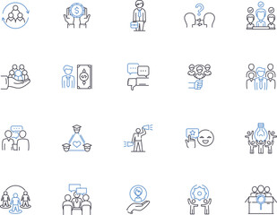 Fototapeta premium Coaching outline icons collection. Mentoring, Guiding, Instructing, Counselling, Training, LeaderShip, Facilitating vector and illustration concept set. Advisement, Teaching, Teaching linear signs