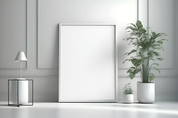 Frame mockup in a modern interior in light colors. Thin vertical frame mockup created with Generative AI technology.