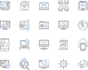 Appliances and computers outline icons collection. Appliances, Computers, Refrigerators, Washers, Dryers, Dishwashers, Microwaves vector and illustration concept set. Monitors, Keyboards, Routers