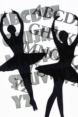two machine cut ballerina glyphs or dingbats on transparency film printed with type - obrazy, fototapety, plakaty