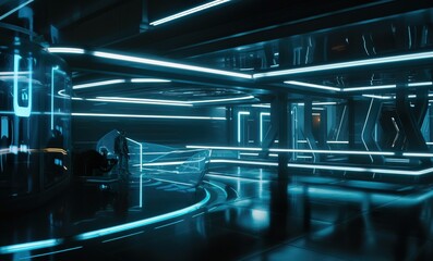 Neon Fluorescent Blue Laser Sci-Fi Futuristic Reflective Stadium for cyber sport tournament. Future concept. Cyberpunk wallpaper. Cyberspace. Generative AI illustration.