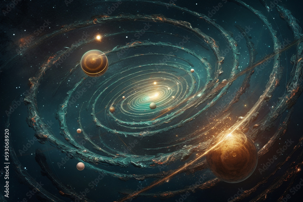 Wall mural an abstract surreal 3d render of spiral galaxy and planets in cosmic space, concept of astronomy sci