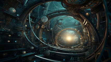 Fototapeta premium 3D render of spherical mechanism in cosmic space time, concept of multiple universe and hyperspace. a space-time tunnel for interstellar trips. Illustration ai on wormhole or black hole cosmos travel