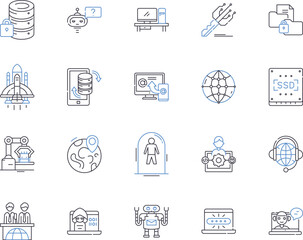 Science and technology outline icons collection. Science, Technology, Innovate, Experiment, Explore, Research, Data vector and illustration concept set. Analyze, Scientific, Engineering linear signs