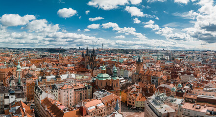 Scenic spring panoramic aerial view of the Old Town pier architecture and Charles Bridge over...