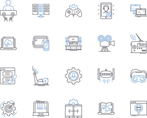automotive technology outline icons collection. Automotive, Technology, Cars, Engines, Diagnostics, Repairs, Manufacturing vector and illustration concept set. Robotics, Electronics, Fuel linear signs