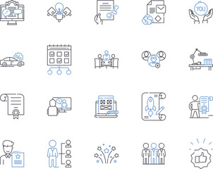 Marketing and concept outline icons collection. marketing, concept, strategy, planning, segmentation, targeting, positioning vector and illustration concept set. differentiation, value, proposition
