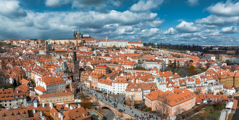 Scenic spring panoramic aerial view of the Old Town pier architecture and Charles Bridge over Vltava river in Prague, Czech Republic