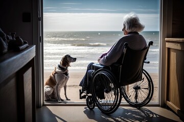 Fototapeta na wymiar Disabled senior woman in the wheelchair enjoying sunset at the beach with the company of her dog. Created with generative AI