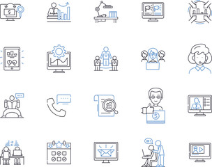 Product launch outline icons collection. Product, Launch, Release, Rollout, Unveil, Debut, Introduce vector and illustration concept set. Market, Promote, Brand linear signs