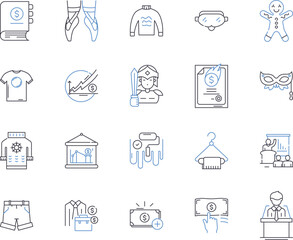 Fashion factory outline icons collection. Fashion, Factory, Garment, Clothing, Manufacturing, Textile, Style vector and illustration concept set. Design, Outfit, Sewing linear signs