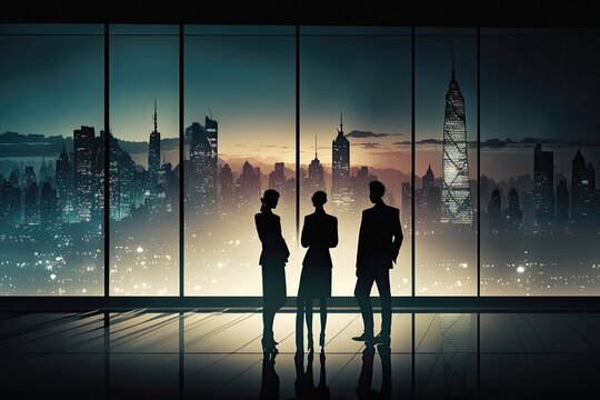 Business people having a meeting at the night time in the office. They have great view on the city lights. Created with generative AI