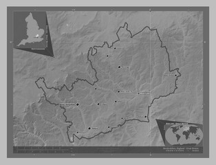 Hertfordshire, England - Great Britain. Grayscale. Labelled points of cities