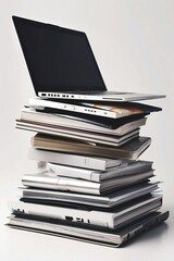 Die Vergangenheit des Arbeitens: Ein Stapel aus alten Laptops und Notizheften. KI Generiert