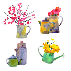 A set of items for a summer residence that is made of watercolor.Jugs, teapots, jugs with rose and yellow flowers. Ideally,the set can be used for stickers, invitations, diary decorations,cooking book - obrazy, fototapety, plakaty