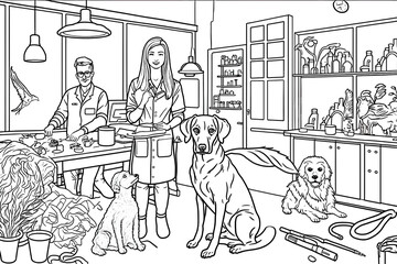 Coloring page - Veterinary clinic. Image created with Generative AI technology.