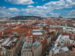 Naklejka na ściany i meble Scenic spring panoramic aerial view of the Old Town pier architecture and Charles Bridge over Vltava river in Prague, Czech Republic