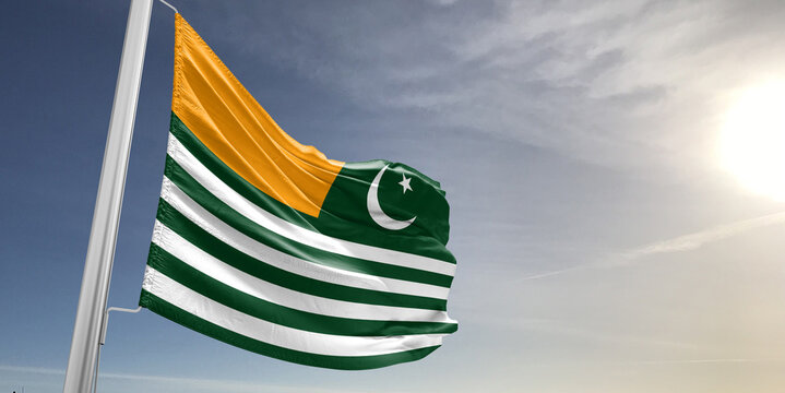 kashmir national flag cloth fabric waving on beautiful sky grey Background.