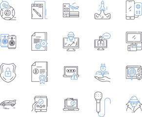 Electronic production outline icons collection. Electronics, Production, Manufacturing, Assembly, Design, PCB, Soldering vector and illustration concept set. Automation, Testing, CNC linear signs