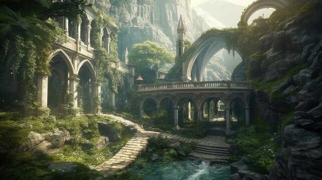 Elven or Elvish city with arches, marble palaces, waterfalls and vegetation. Generative AI
