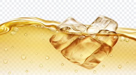 Translucent yellow ice cubes floating in water with air bubbles, isolated on transparent background. Transparency only in vector format